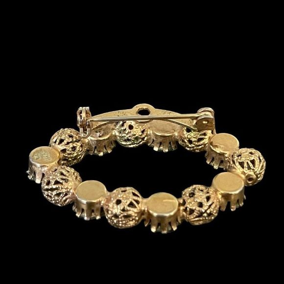 Vintage Aurora Borealis Prong Set Rhinestone Gold Tone Filigree Ball Brooch Pin - Picture 4 of 5